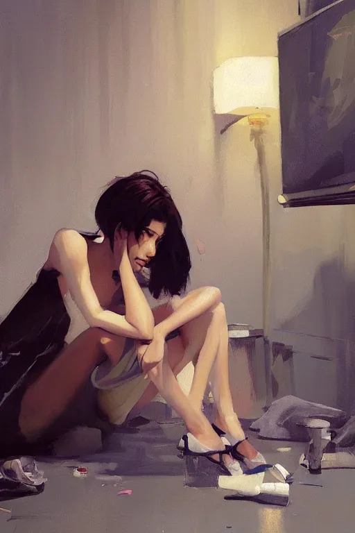 Image similar to A ultradetailed beautiful portrait panting of a stylish woman sitting on the ground of a messy apartment, Oil painting, by Ilya Kuvshinov, Greg Rutkowski and Makoto Shinkai