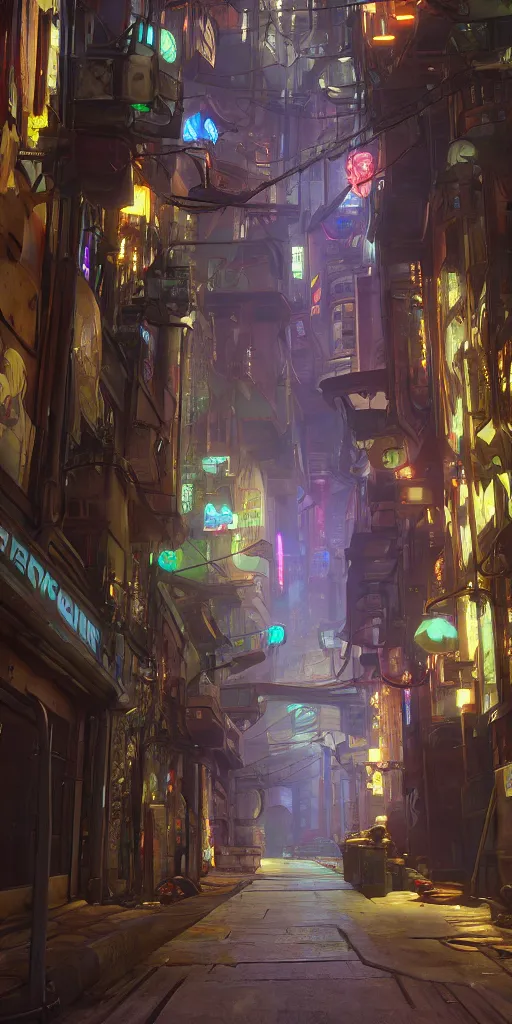 Prompt: cyberpunk alley, alphonse mucha, 8 k, raytracing, unreal engine 5,