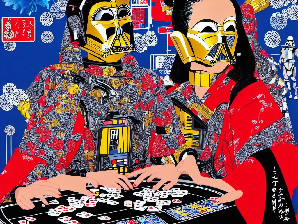 Image similar to hyperrealistic composition of the detailed woman in a japanese kimono with a ( ( c 3 p 0 ) robot head sitting at a extremely detailed poker table with darth vader, fireworks, mountain fuji on the background, pop - art style, jacky tsai style, andy warhol style, acrylic on canvas