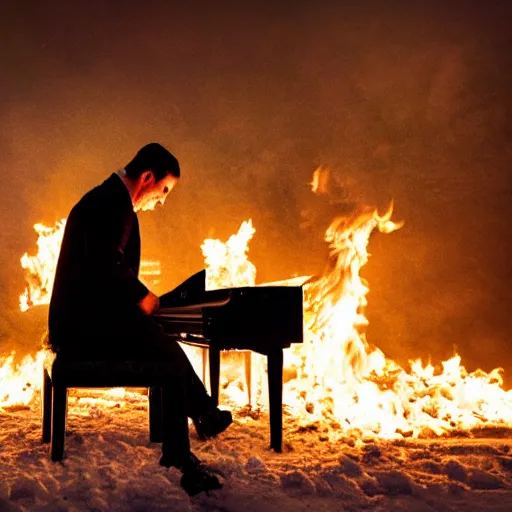 Prompt: A Photograph Of A Man Playing the Piano Which Is On Fire In The Middle Of The Snow, 8k, exquisite detail, award winning photography