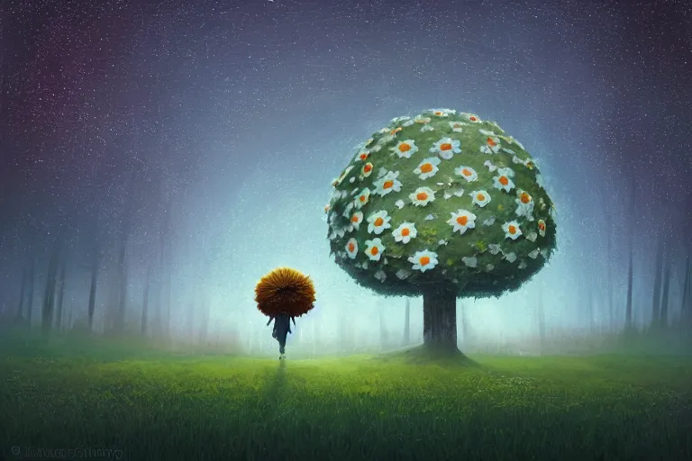 Image similar to giant daisy flower as a head, girl walking forest, big trees, hills, surreal photography, dark night, star trails, moon light, impressionist painting, clouds, digital painting, artstation, simon stalenhag