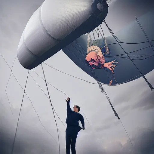 Image similar to “man trying to pump up inflate a large zeppelin blimp, highly detailed, dramatic lighting, Alex Pardee, Nekro Petros Afshar, James McDermott, cgsociety 4K”