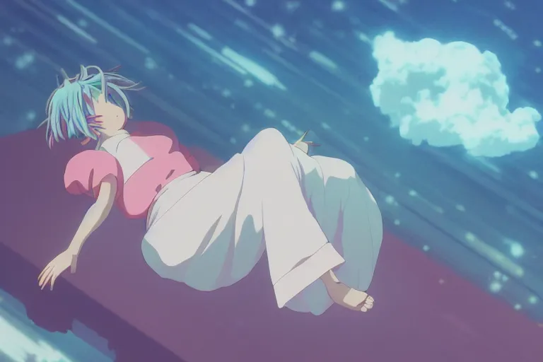 Image similar to a cute anime girl sleeping on a cloud, misty, glows, by studio ghibli, anime, hazy, foggy, ambient lighting, 8 k, neon, synthwave,