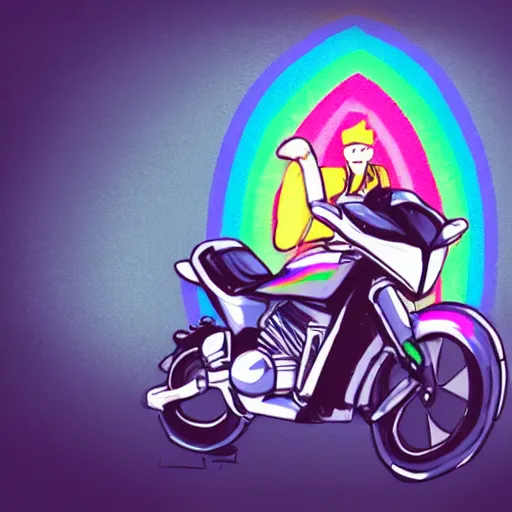 Image similar to wide angle full body, jacket wearing fluffy cute rainbow kitten wearing a black leather motorcycle jacket, riding on a motorcycle, cinematic concept art