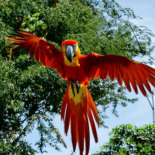 Prompt: golden red and blue macaw flying, amazon in the background, sentient bird, dawn