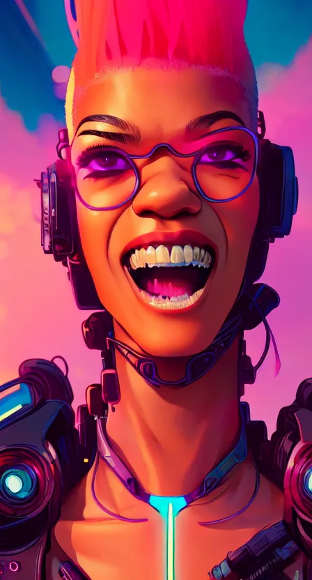 Prompt: close up of zendaya with a cyberpunk mohawk, laughing, glowing cyber - eyes, ambient lighting, 4 k, lois van baarle, ilya kuvshinov, rossdraws, alphonse mucha, jung gi kim, dylan kowalsk, artstation