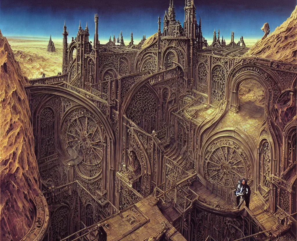 Prompt: fish eye view of detailed portrait, intricate complexity, huge gothic crematorium on desert planet, elevator, side ramp entrance vehicle, dead bodies, guards intricate, painting by lucian freud and mark brooks, bruce pennington, dark colors, neon, death, guards, nice style smoke