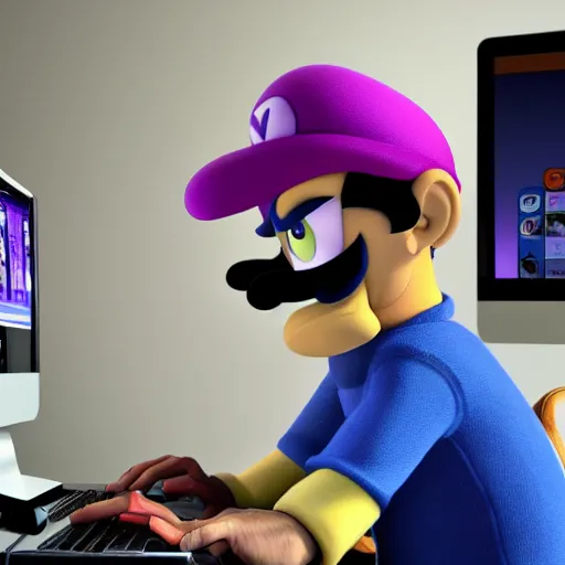Image similar to waluigi using the computer, hd