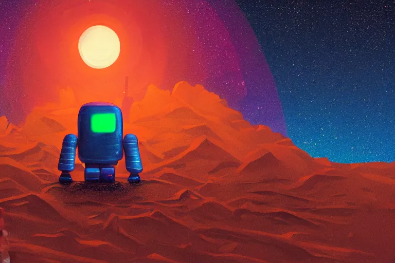 Image similar to a cozy robot laying on mars in the style of flooko, acrylic, art, detailed, moonlight, bokeh, synthwave, phychedelic, glitch, neon, retro, galaxy, glow, ambient lighting, cinematic lighting,