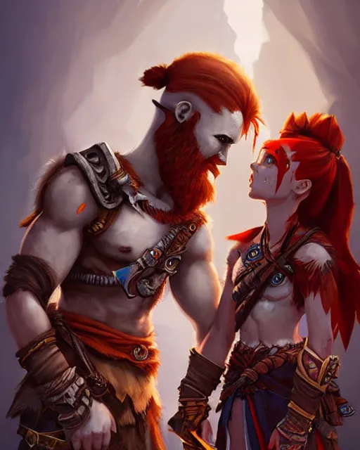 Image similar to cute little anthropomorphic kratos and aloy cute and adorable, pretty, beautiful, dnd character art portrait, matte fantasy painting, deviantart artstation, god of war, horizon zero dawn, by jason felix by steve argyle by tyler jacobson by peter mohrbacher