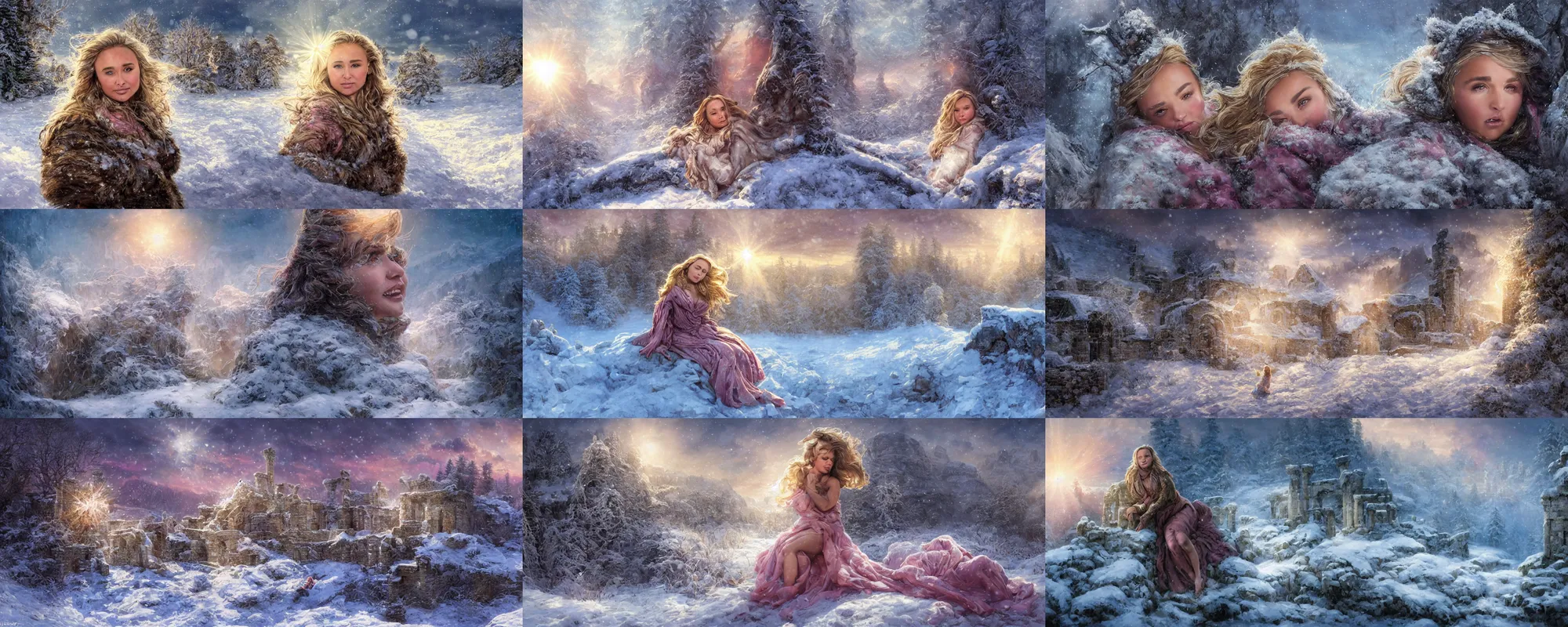 Prompt: epic face portrait of muscled Hayden Panettiere warmly clothed sleeping in deep snowy snow, winter princess, ancient ruins, prism sun rays through wind swept snow, pink golden hour, saturated, intricate, highly detailed, epic vista, very crispy, Ralph Horsley, Daniel F. Gerhartz, Artgerm, Boris Villajo, Lilia Alvarado