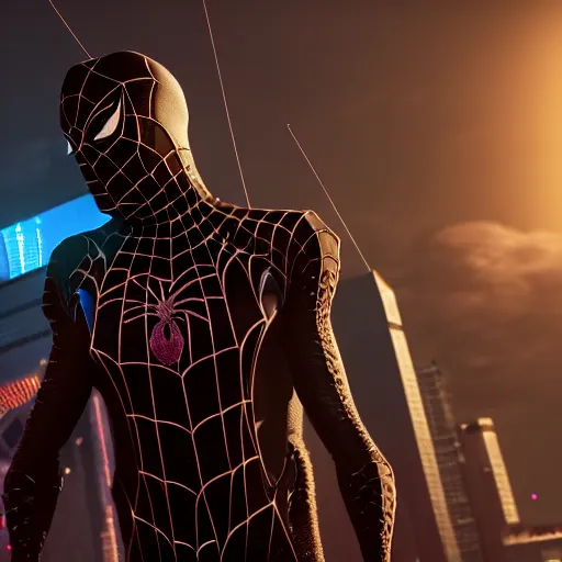 Image similar to a portrait of a spiderbatman , cyberpunk, highly detailed, unreal engine 5, 4K UHD image