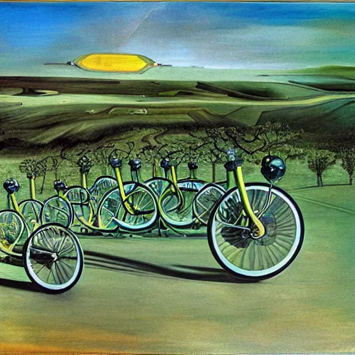 Prompt: dreaming green electric bycicles by Salvador Dali