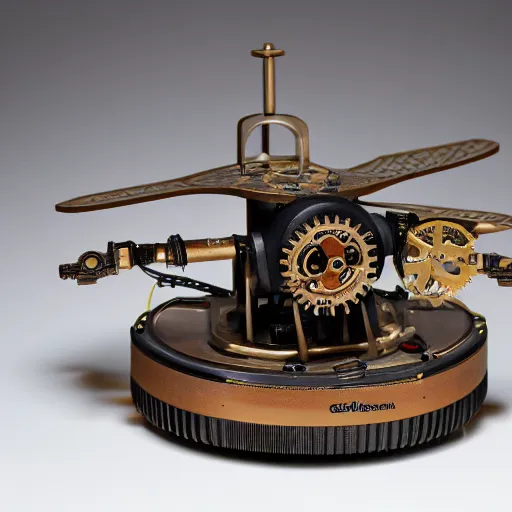 Image similar to steampunk clockwork flying hovercraft Canon DSLR 35mm 8k product photo