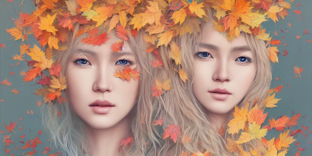 Image similar to breathtaking detailed concept art painting pattern pastel colors of blonde hair faces blend with autumn leaves, by hsiao - ron cheng, bizarre compositions, exquisite detail, 8 k