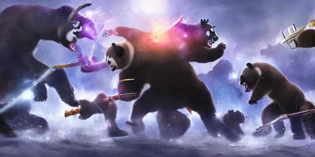 Prompt: giant pandas fighting vs magic unicorns, fantasy apocalypse, digital art, epic battle, unreal engine 5, 4 k,