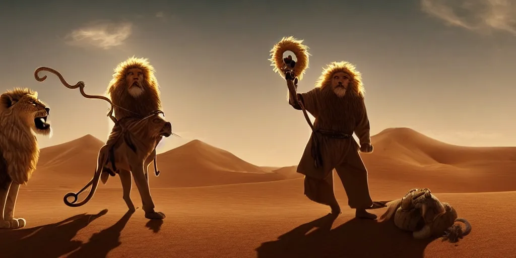 Prompt: a wise old man with a long white beard wearing a hooded tunic, riding a lion in the desert, the man in holding a snake as though it where handlebars and the lion is holding the snake in its mouth, epic cinematic establishing shot, dramatic lighting