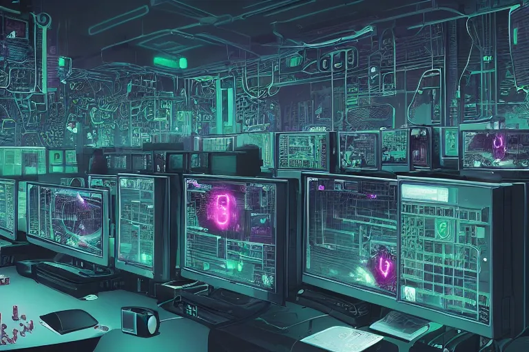 Image similar to a computer room filled with lots of monitors, cyberpunk art by tomer hanuka, cgsociety, retrofuturism, greeble, dystopian art, circuitry