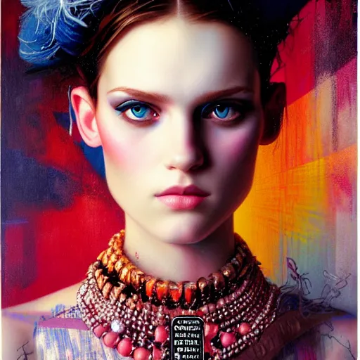 Image similar to portrait fashion editorial campaign by drew struzan, highly detailed