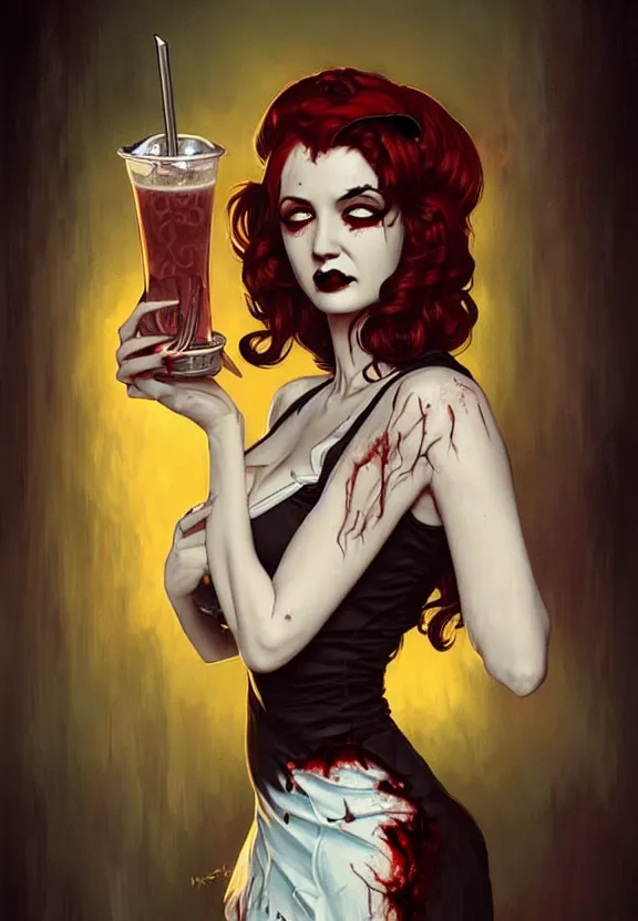 Image similar to Zombie waitress of a small 50’s style diner serving cold drinks, fantasy magic, zombie, dark pin-up style hair, dark light night, intricate, elegant, sharp focus, illustration, highly detailed, digital painting, concept art, matte, art by WLOP and Artgerm and Greg Rutkowski and Alphonse Mucha, masterpiece