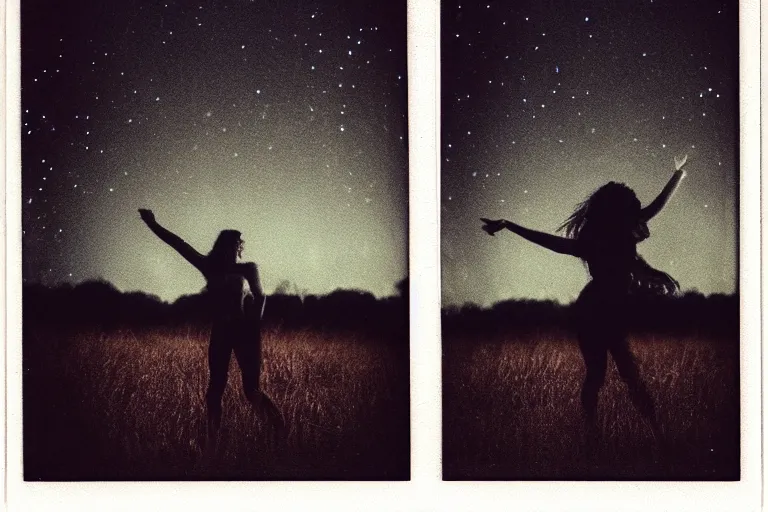 Prompt: blured shadow of dancing young woman on night vision, focused background night sky with stars, polaroid photo