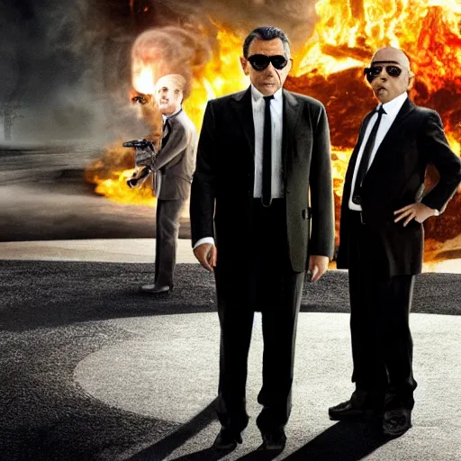 Image similar to Confused Rowan Atkinson as an MiB agent looking at a bizzare alien in the new Men in Black movie