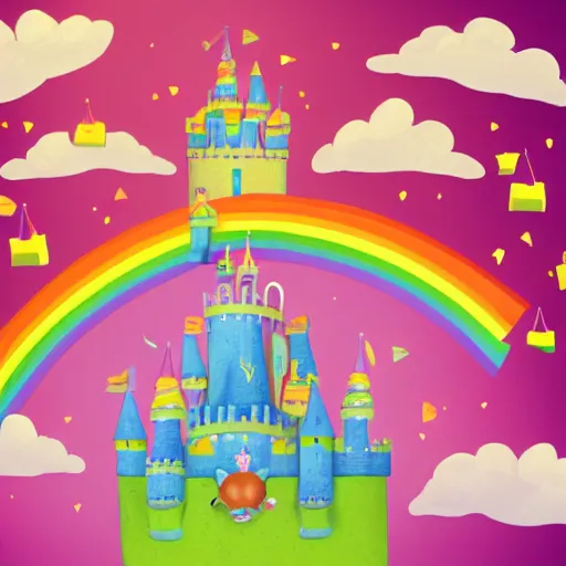 Prompt: small bird with a human head holding a piece of heavy cheese housing a mouse vomiting a rainbow, a big pink fluffy castle with slime canons in the background. small pilot princesses flying in space brownies attacking the fluffy castle