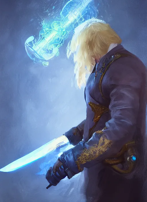 Image similar to portrait of a man in a blue suit with blond hair holding a sword and pistol in holster, fantasy, d & d, heartstone, digital painting, volumetric light, intricate, sharp, focus, bloom, illustration, highly detailed, concept art, matte, ruan jia, randy vargas, greg rutkowski