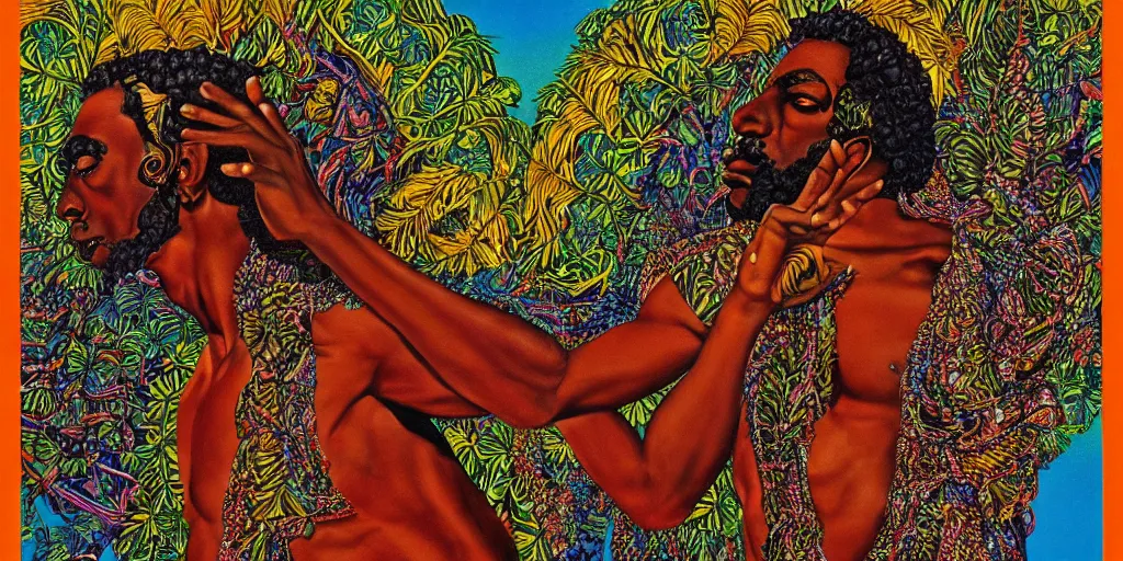 Prompt: an abstract tropical landscape, portrait of a dark - skinned greek god dancing. 2 4 mm, photorealistic, directed by mati klarwein