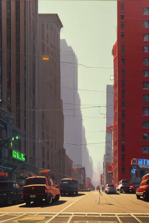 Image similar to Market Street, San Francisco; oil on canvas by Klaus Bürgle and Imperial Boy and Simon Stålenhag;