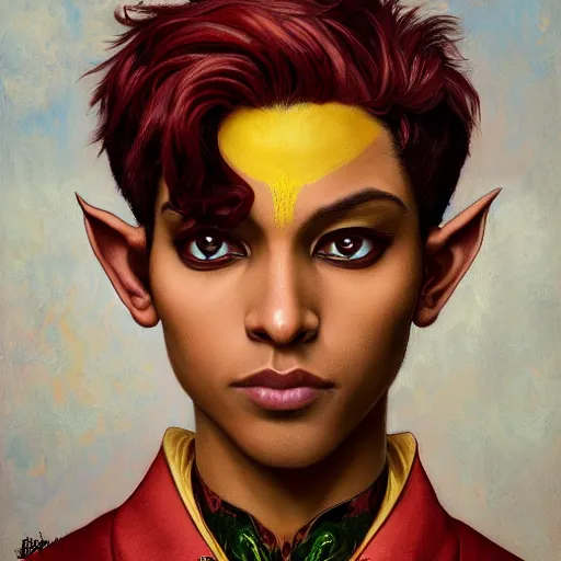 Image similar to portrait of a beautiful and androgynous half - elf with messy short red hair and dark skin tone and catlike features and yellow eyes with slit pupils, golden hour, wearing a colorful men's suit, dnd character, realistic painting by kehinde wiley and ross tran and gerald brom and tasha beckwith and alphonse mucha, trending on artstation