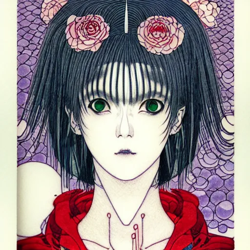 Image similar to prompt: Fragile looking character soft light portrait face drawn by Takato Yamamoto and Katsuhiro Otomo, tattooed face, inspired by Sailor Moon anime, alchemical objects on the side, soft light, intricate detail, intricate gouache painting detail, sharp high detail, manga and anime 2010