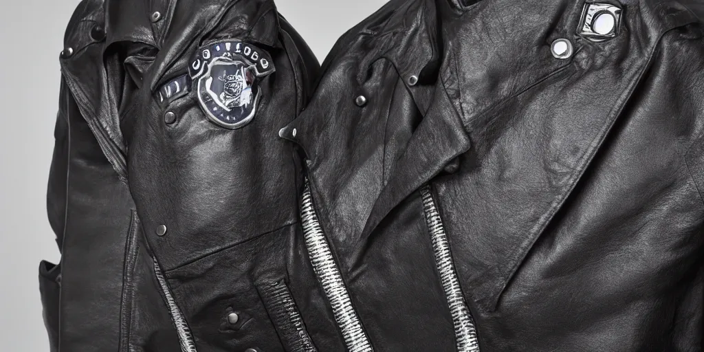 Prompt: photo of a designer menswear biker jacket designed by Nicolas Ghesquière inspired by dutch police jackets, 4k, studio lighting, canon eos 6d, ƒ/8