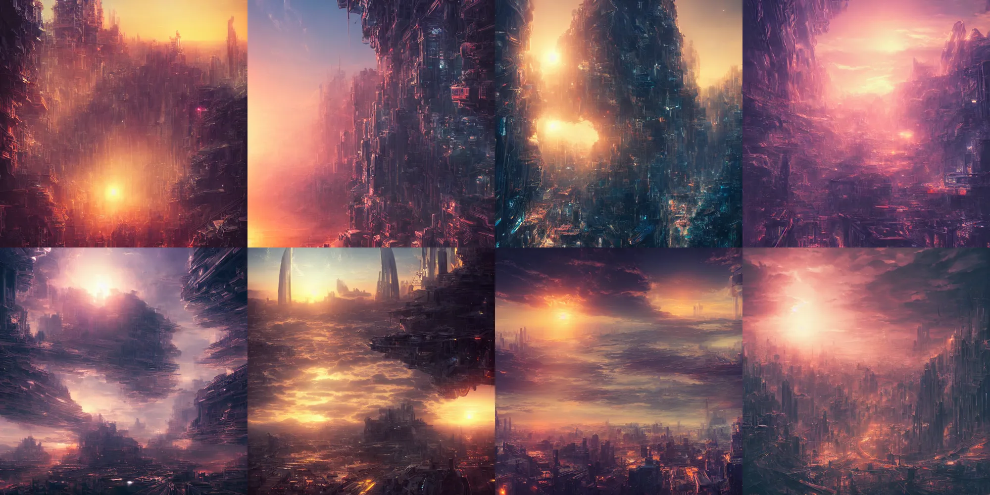 Prompt: a long ahot photograph of a beautiful sunrise over a a futuristic city, cloudy artwork by yoshitaka amano and alena aenami, trending on artstation, 8 k, high resolution, insanely detailed and intricate, beautiful, unreal engine