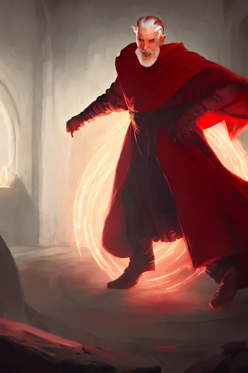 Prompt: evil male sorcerer, alchemist library background, the room filled with colorful magic, red robe, white skin, young, sharp, brown hair, beard, concept art, digital art, dynamic lighting, unreal engine, octane, by greg rutkowski and frank frazetta