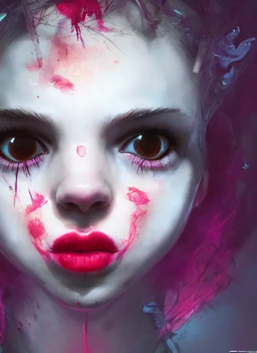 Image similar to portrait of sinister girl with pouty aerochrome lips, fungal, unforgivable, cute bandaid on nose!!, expressive eyes, full body, deathly skin, greg rutkowski, charlie bowater, yuumei, stephen gammell, unreal 5, daz, hyperrealistic, octane render, rpg portrait, dynamic lighting, fantasy art, beautiful face