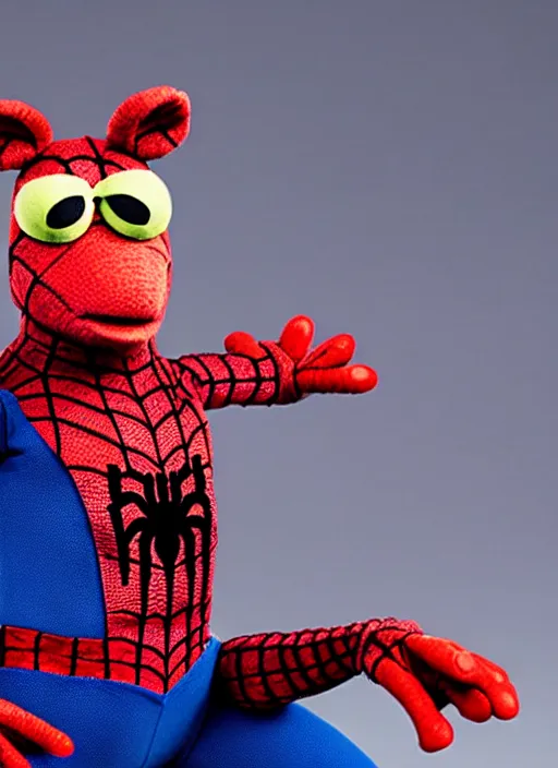 Image similar to studio portrait still of muppet!!!!! spiderman in avengers endgame!!!!!! as a muppet muppet as a muppet, 8 k, studio lighting, key light,