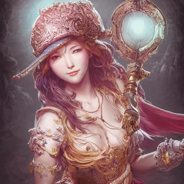 Image similar to studio portrait of neutral good colorful female cleric bard healer as absurdly beautiful, gorgeous, elegant, young gravure idol, an ultrafine hyperdetailed illustration by kim jung gi, irakli nadar, intricate linework, sharp focus, bright colors, octopath traveler, final fantasy, unreal engine 5 highly rendered, global illumination, radiant light, detailed and intricate environment