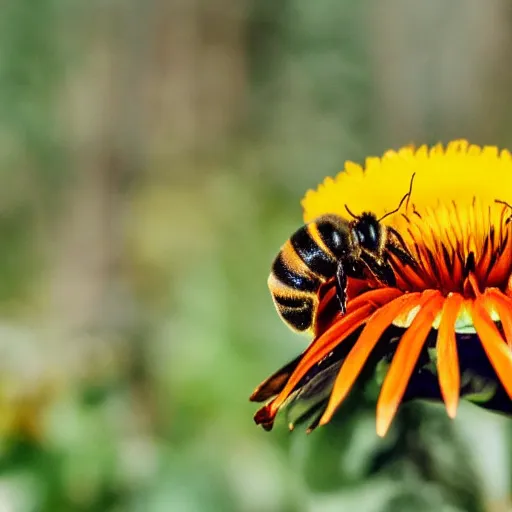 Prompt: a bee landing on a burning flower, the forest is on fire, there is fire everywhere, beautiful macro photography, perfect focus, nice composition