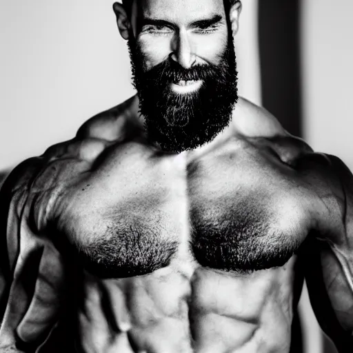 Prompt: Black and white photography of a very muscular man smiling with a chiseled jawline and trimmed beard