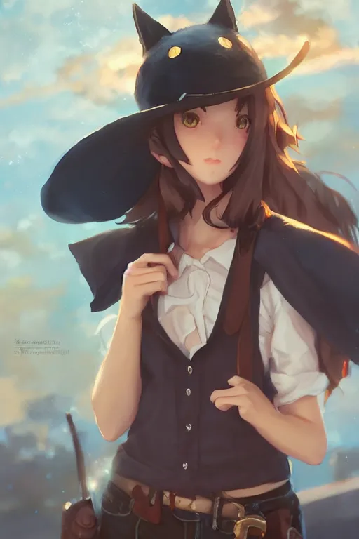 Image similar to a very cute cowgirl with cat ears, single subject, medium shot, ambient lighting, visible and detailed face, by makoto shinkai, stanley artgerm lau, wlop, rossdraws
