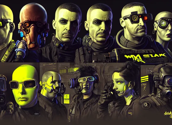 Image similar to cyberpunk blackops hazmat squad. portrait by stonehouse and mœbius and will eisner and gil elvgren and pixar. character design. realistic proportions. cyberpunk 2 0 7 7 character art, blade runner 2 0 4 9 concept art. cel shading. attractive face. thick lines. the team. diverse characters. artstationhq.