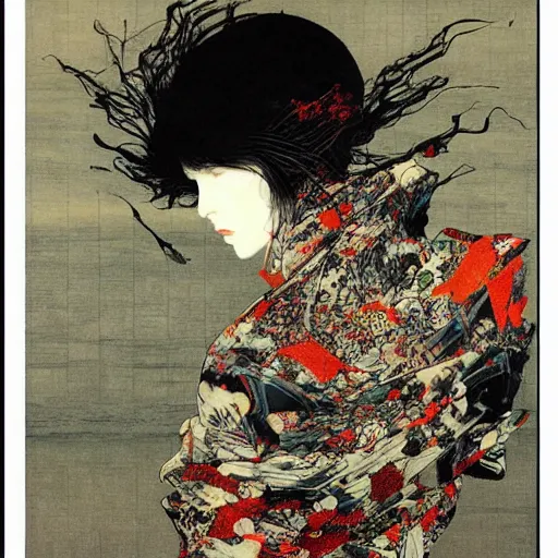 Image similar to an ominous object floats in an empty room, a highly detailed yoshitaka amano painting, by adrian ghenie and gerhard richter. art by takato yamamoto. masterpiece, deep colours.