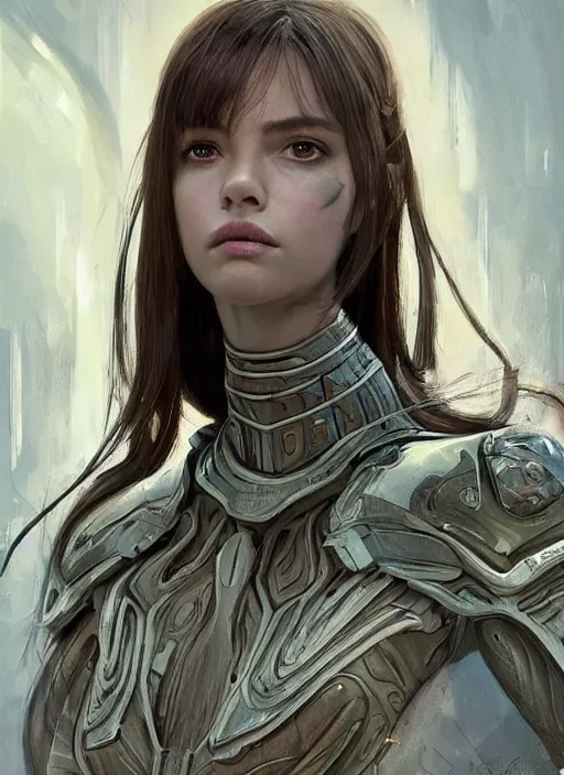 Image similar to a professional painting of a beautiful young female alien, clothed in ethereal armor, olive skin, long dark hair, beautiful bone structure, symmetrical facial features, intricate, elegant, digital painting, concept art, smooth, sharp focus, illustration, from Valerian and the City of a Thousand Planets, by Ruan Jia and Mandy Jurgens and Artgerm and William-Adolphe Bouguerea