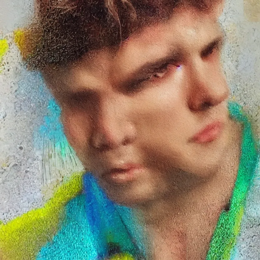 Image similar to close up portrait painting of a male in nineties street styling, concept art, intricate details, aesthetically pleasing pastel colors, art by rotella, mimmo, collage, portrait