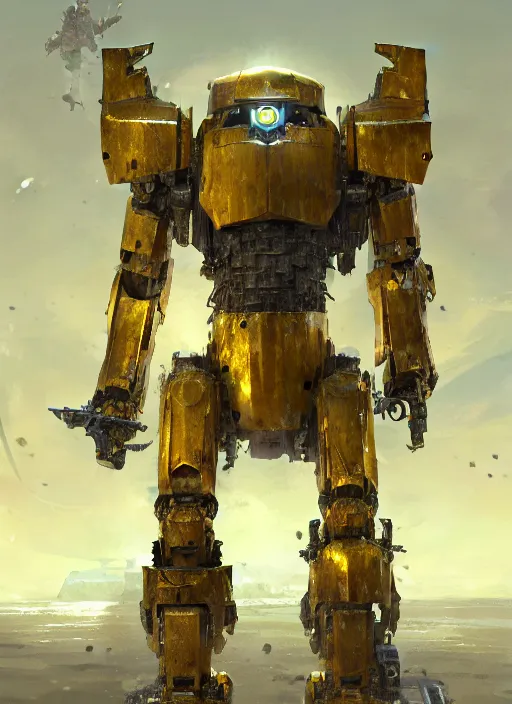 Prompt: human-sized strong intricate yellow pit droid carrying great sword and large paladin shield, pancake short large head, exposed metal bones, painterly humanoid mecha, by Greg Rutkowski