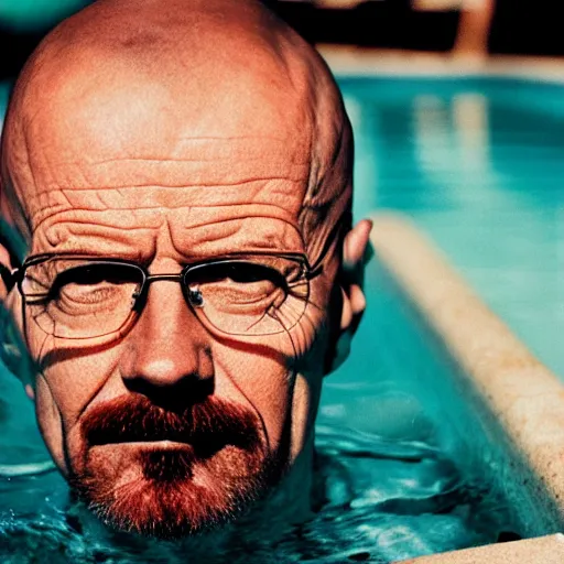 Prompt: photo of walter white relaxing in pool floater, cinestill, 8 0 0 t, 3 5 mm, full - hd