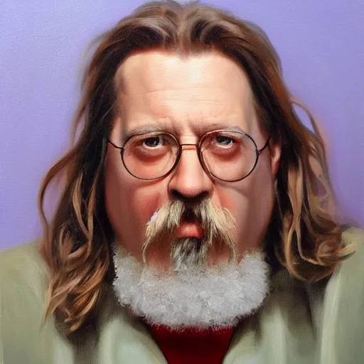 Image similar to An oil painting portrait of the dude from the big Lebowski. High detail. Style of Mary Qian