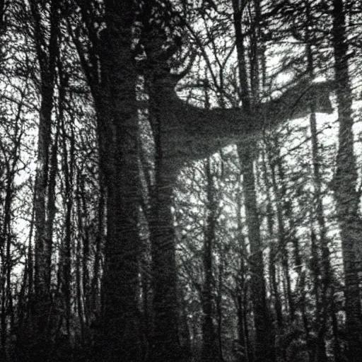 Image similar to grainy trail cam photo still of an alien in the woods at night hiding in the trees of a forest