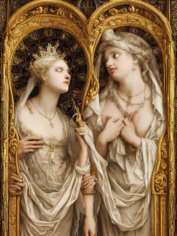 Image similar to a beautiful render of two baroque catholic veiled queen with symmetry intricate detailed heart,relief sculpture,pray,by Lawrence Alma-Tadema, Maria Mirage,peter gric,aaron horkey,Billelis,trending on pinterest,hyperreal,gold,silver,ivory,maximalist,glittering,golden ratio,cinematic lighting